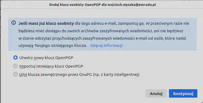 Import/tworzenie nowego klucza OpenPGP